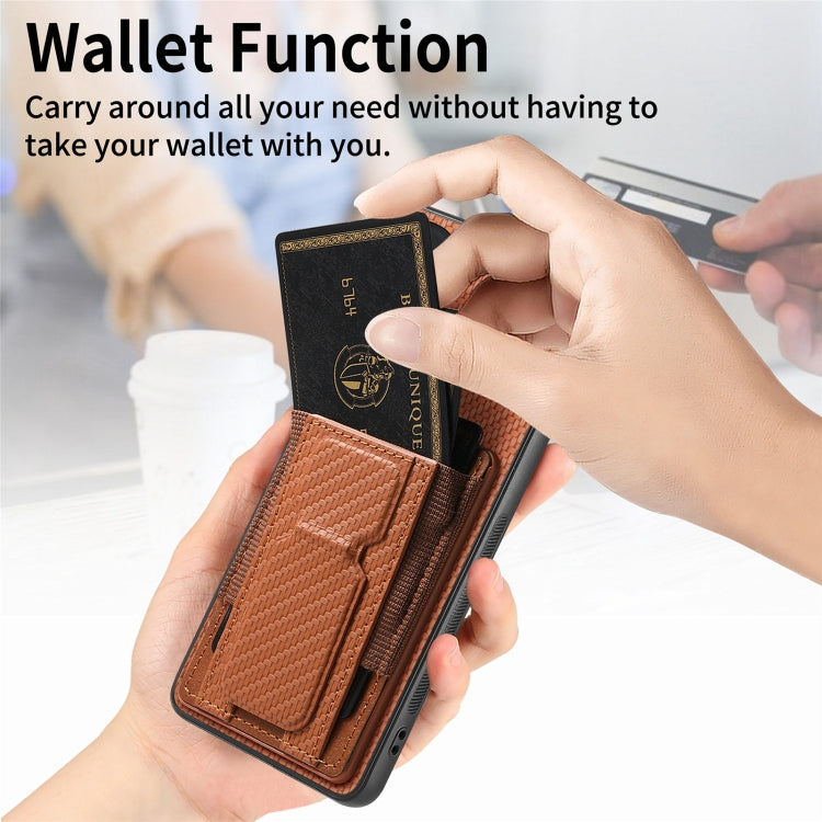For Motorola Moto G Stylus 5G 2024 Carbon Fiber Fold Stand Elastic Card Bag Phone Case(Brown) - free shipping - PMC Jewellery - Order now!
