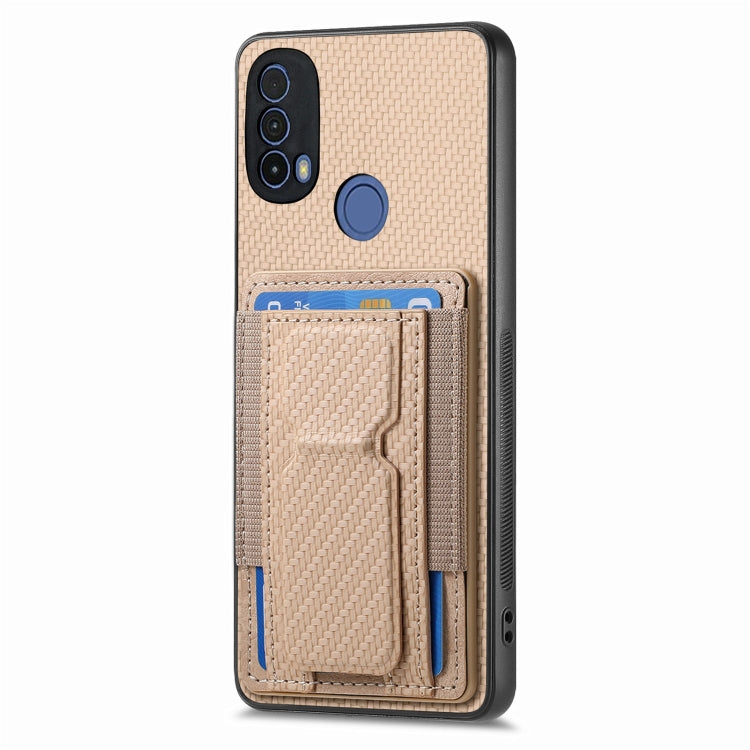 For Motorola Moto G Stylus 5G 2024 Carbon Fiber Fold Stand Elastic Card Bag Phone Case(Khaki) - Motorola Cases by PMC Jewellery | Online Shopping South Africa | PMC Jewellery | Buy Now Pay Later Mobicred