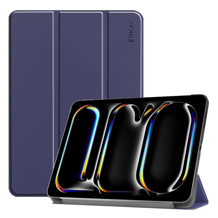 For iPad Pro 11 2024 ENKAY Tri-fold Custer Texture Platic Leather Smart Tablet Case(Dark Blue) - iPad Pro 11 2024 Cases by ENKAY | Online Shopping South Africa | PMC TechLife | Buy Now Pay Later Mobicred