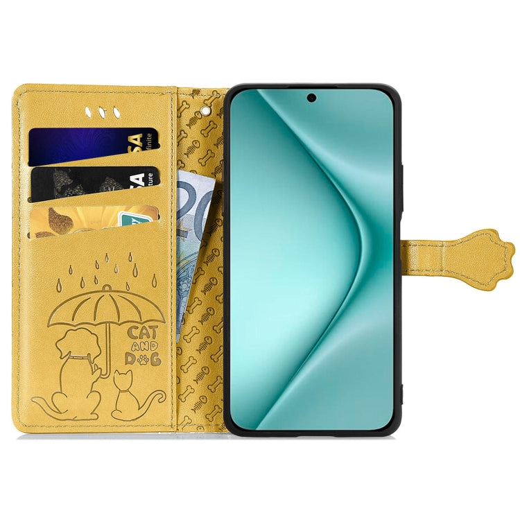 For Huawei Pura 70 Cat and Dog Embossed Leather Phone Case(Yellow) - Huawei Cases by PMC Jewellery | Online Shopping South Africa | PMC Jewellery | Buy Now Pay Later Mobicred