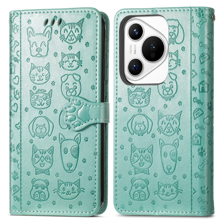 For Huawei Pura 70 Cat and Dog Embossed Leather Phone Case(Green) - Huawei Cases by PMC Jewellery | Online Shopping South Africa | PMC Jewellery | Buy Now Pay Later Mobicred