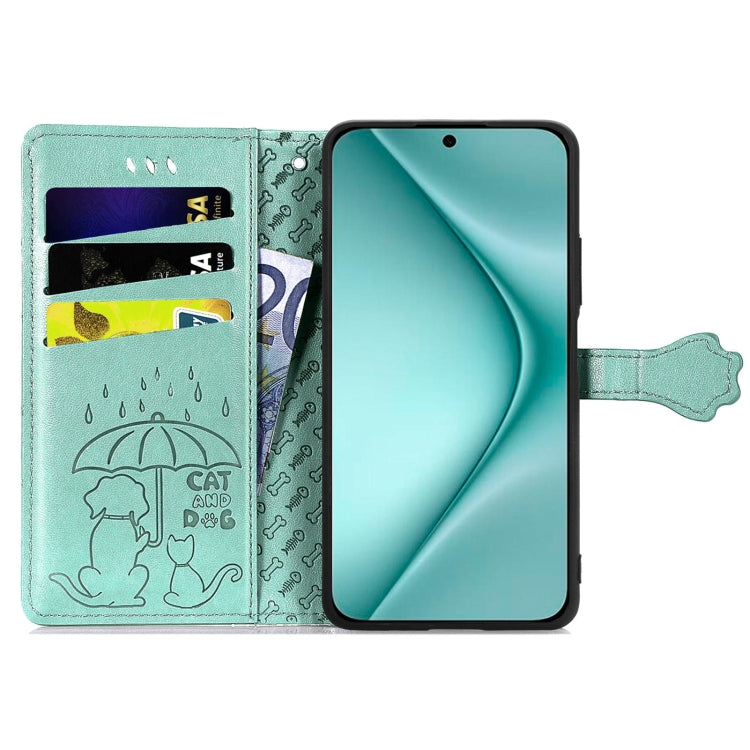 For Huawei Pura 70 Cat and Dog Embossed Leather Phone Case(Green) - Huawei Cases by PMC Jewellery | Online Shopping South Africa | PMC Jewellery | Buy Now Pay Later Mobicred