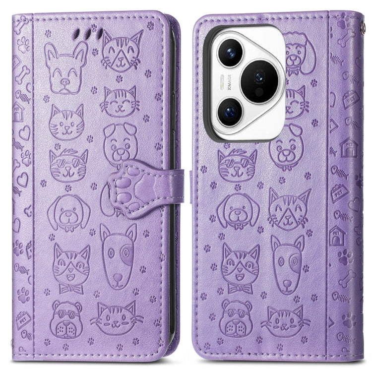 For Huawei Pura 70 Cat and Dog Embossed Leather Phone Case(Purple) - Huawei Cases by PMC Jewellery | Online Shopping South Africa | PMC Jewellery | Buy Now Pay Later Mobicred