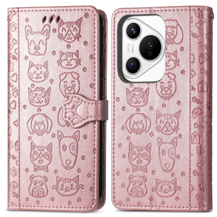 For Huawei Pura 70 Pro Cat and Dog Embossed Leather Phone Case(Rose Gold) - Huawei Cases by PMC Jewellery | Online Shopping South Africa | PMC Jewellery | Buy Now Pay Later Mobicred