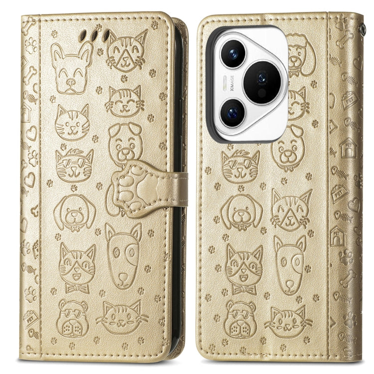 For Huawei Pura 70 Pro Cat and Dog Embossed Leather Phone Case(Gold) - Huawei Cases by PMC Jewellery | Online Shopping South Africa | PMC Jewellery | Buy Now Pay Later Mobicred