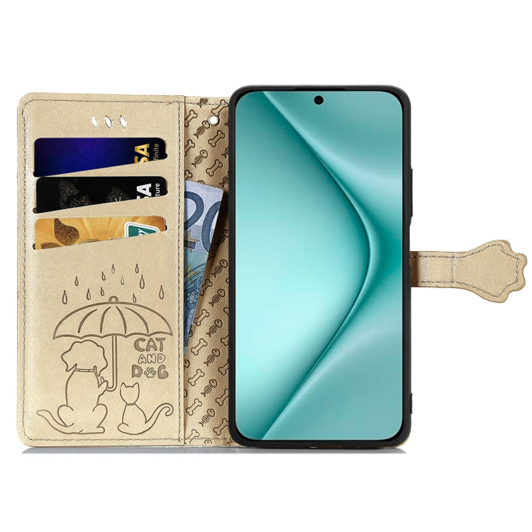 For Huawei Pura 70 Pro+ Cat and Dog Embossed Leather Phone Case(Gold) - Huawei Cases by PMC Jewellery | Online Shopping South Africa | PMC Jewellery | Buy Now Pay Later Mobicred