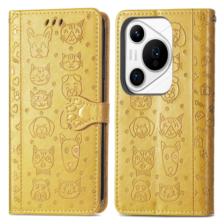 For Huawei Pura 70 Ultra Cat and Dog Embossed Leather Phone Case(Yellow) - Huawei Cases by PMC Jewellery | Online Shopping South Africa | PMC Jewellery | Buy Now Pay Later Mobicred