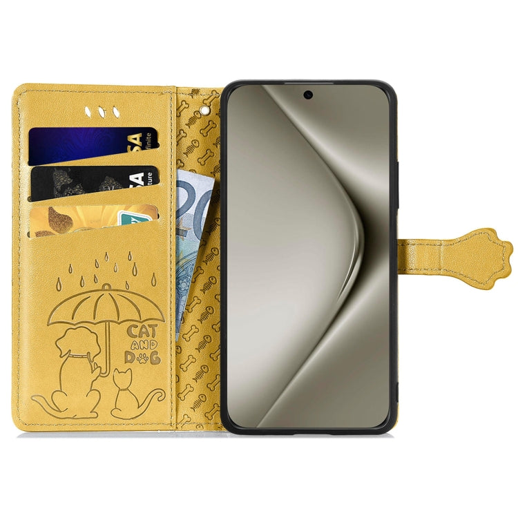 For Huawei Pura 70 Ultra Cat and Dog Embossed Leather Phone Case(Yellow) - Huawei Cases by PMC Jewellery | Online Shopping South Africa | PMC Jewellery | Buy Now Pay Later Mobicred