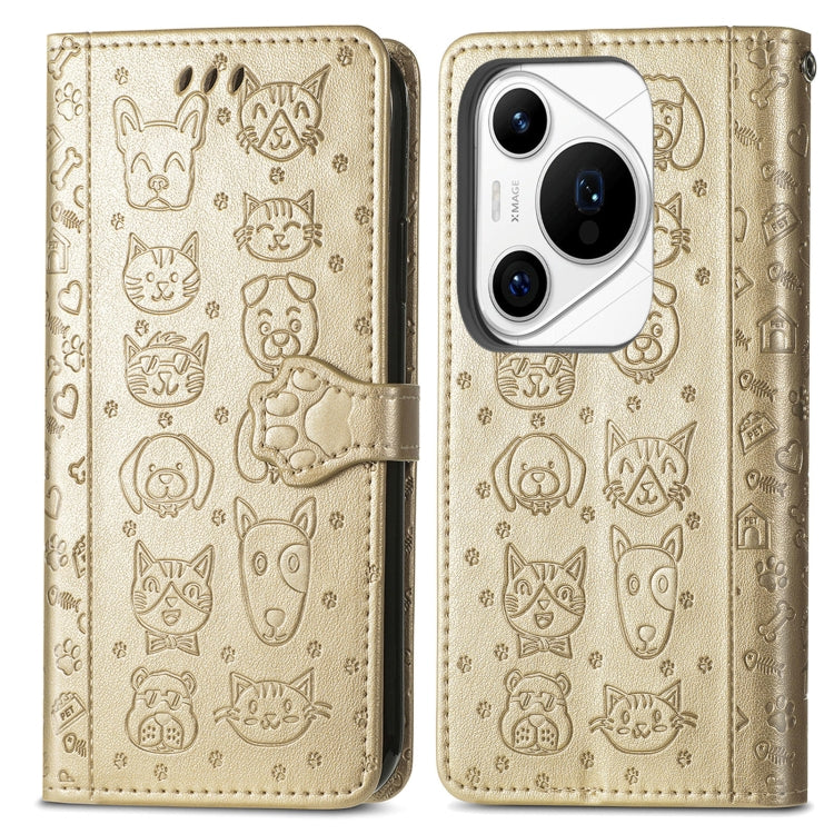For Huawei Pura 70 Ultra Cat and Dog Embossed Leather Phone Case(Gold) - Huawei Cases by PMC Jewellery | Online Shopping South Africa | PMC Jewellery | Buy Now Pay Later Mobicred