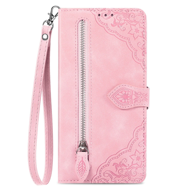 For Motorola Moto G Play 2024 Embossed Flower Zipper Leather Phone Case(Pink) - Motorola Cases by PMC Jewellery | Online Shopping South Africa | PMC Jewellery | Buy Now Pay Later Mobicred