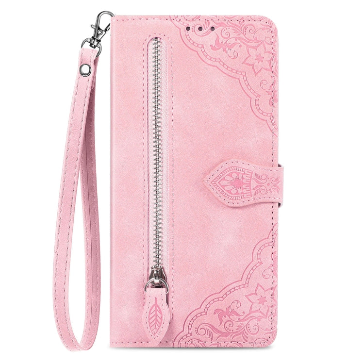 For Huawei Pura 70 Embossed Flower Zipper Leather Phone Case(Pink) - Huawei Cases by PMC Jewellery | Online Shopping South Africa | PMC Jewellery | Buy Now Pay Later Mobicred