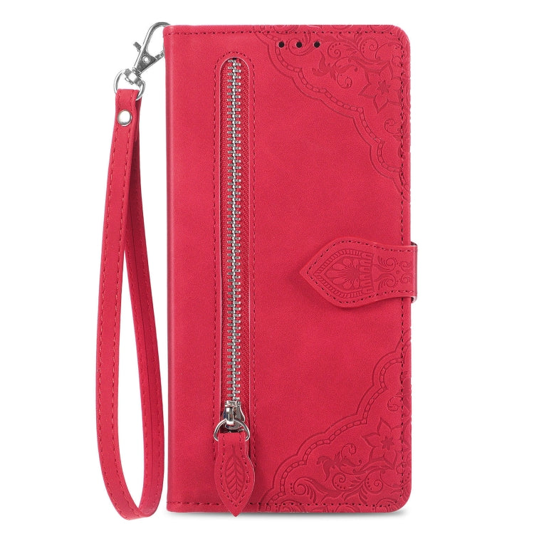 For Huawei Pura 70 Embossed Flower Zipper Leather Phone Case(Red) - Huawei Cases by PMC Jewellery | Online Shopping South Africa | PMC Jewellery | Buy Now Pay Later Mobicred