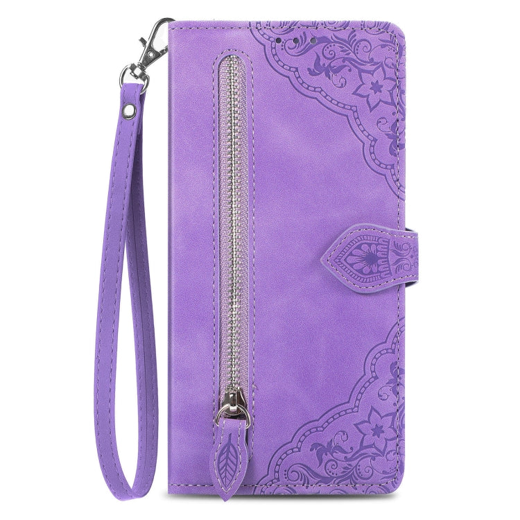 For Huawei Pura 70 Embossed Flower Zipper Leather Phone Case(Purple) - Huawei Cases by PMC Jewellery | Online Shopping South Africa | PMC Jewellery | Buy Now Pay Later Mobicred