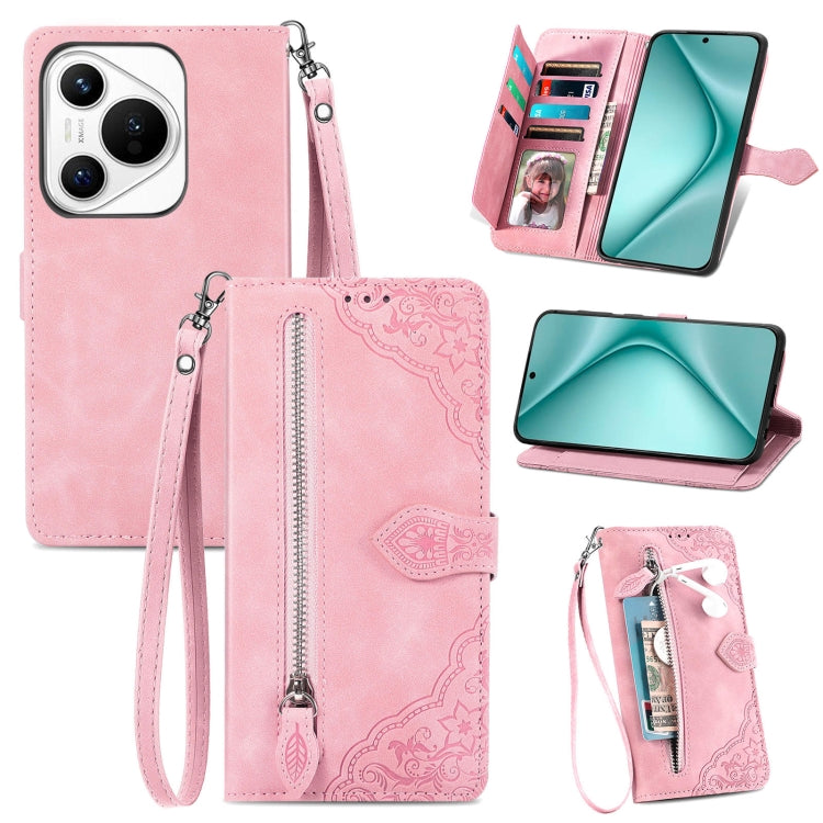 For Huawei Pura 70 Ultra Embossed Flower Zipper Leather Phone Case(Pink) - free shipping - PMC Jewellery - Order now!
