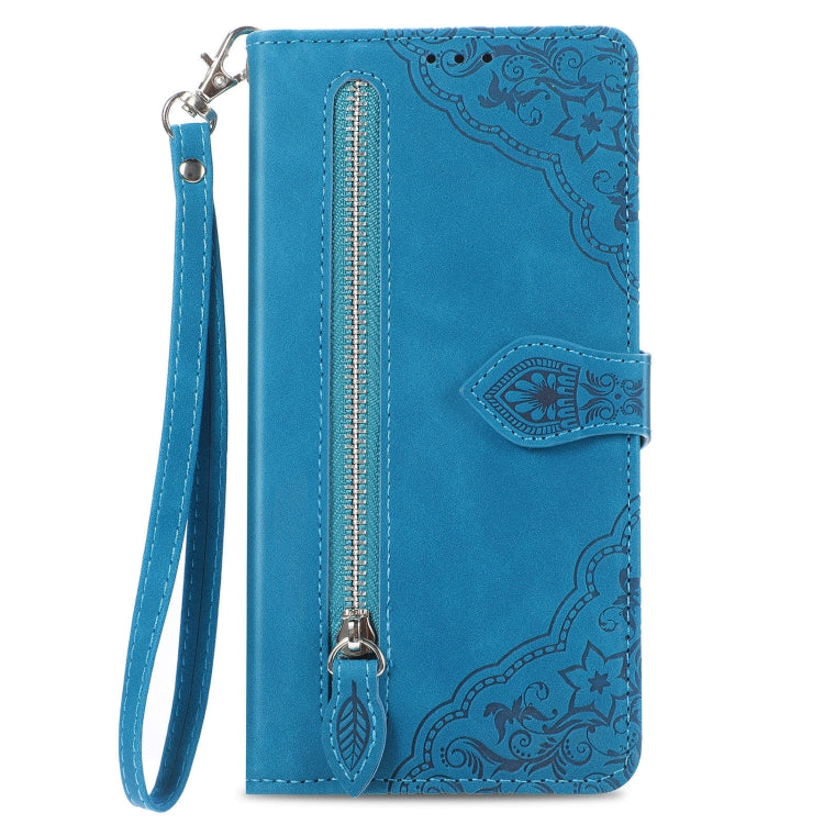 For Huawei Pura 70 Ultra Embossed Flower Zipper Leather Phone Case(Blue) - Huawei Cases by PMC Jewellery | Online Shopping South Africa | PMC Jewellery | Buy Now Pay Later Mobicred