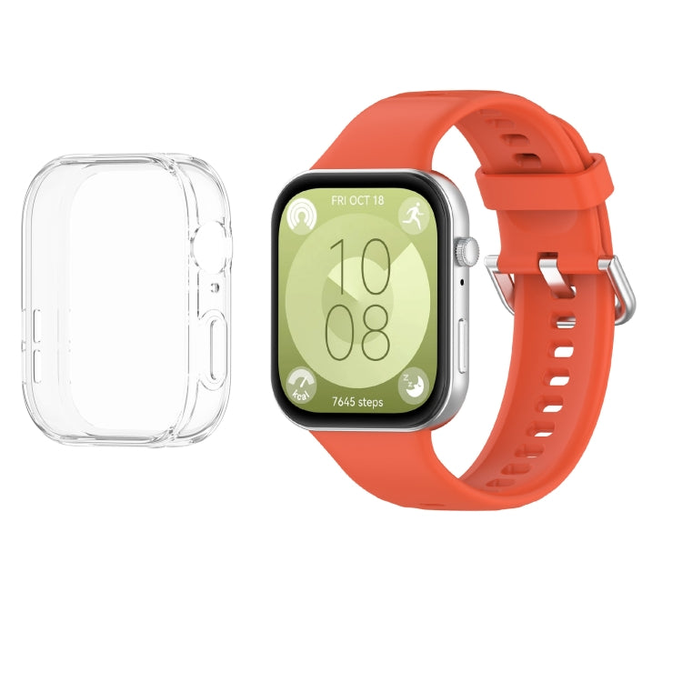 For Huawei Watch Fit3 Silicone Soft Watch Band + Clear Watch Protective Case Set(Orange) - free shipping - PMc TechLife - Order now!