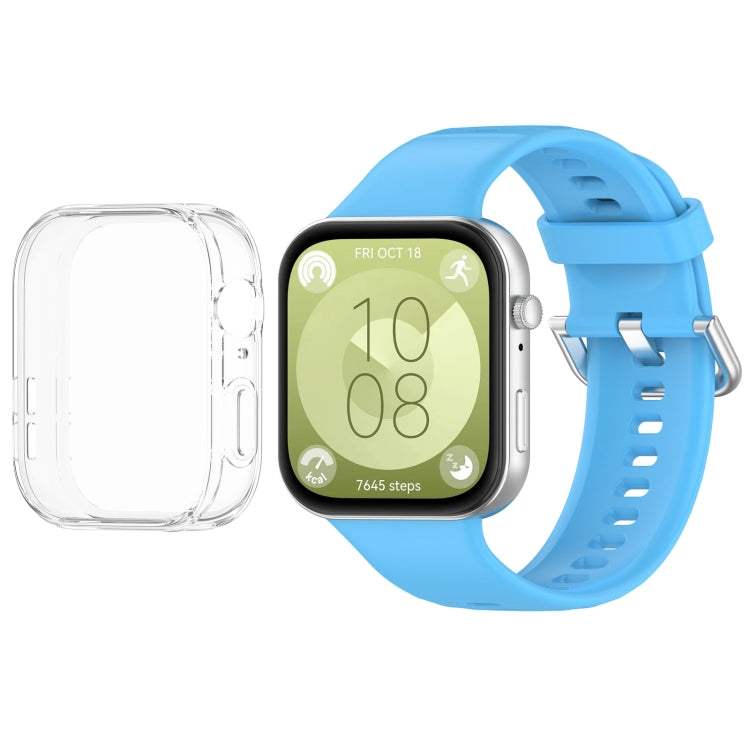 For Huawei Watch Fit3 Silicone Soft Watch Band + Clear Watch Protective Case Set(Sky Blue) - free shipping - PMc TechLife - Order now!