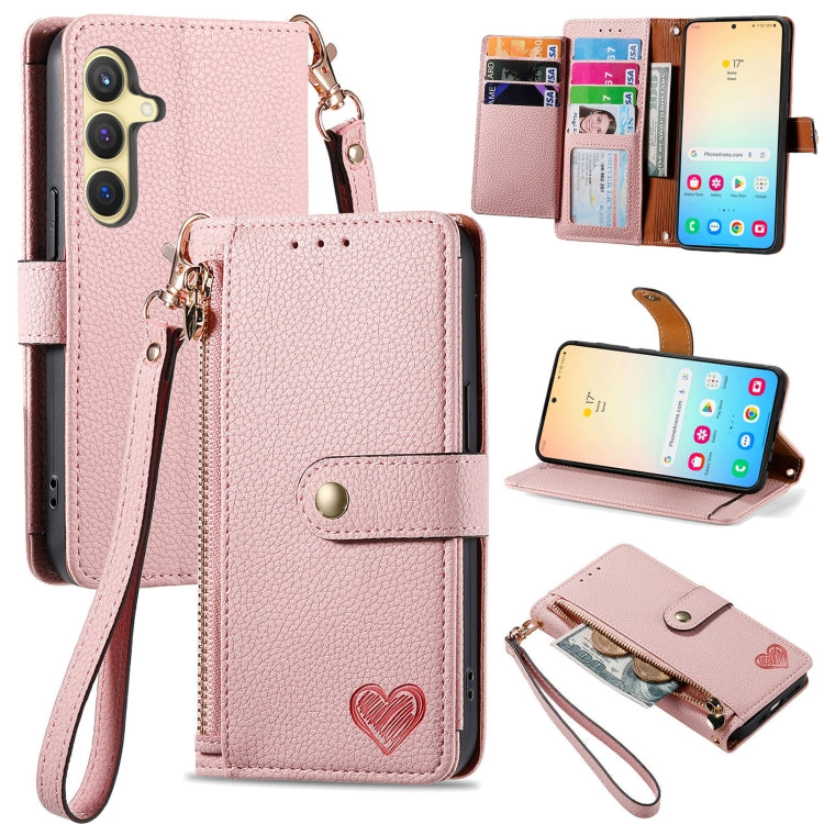 For Samsung Galaxy S25 5G Love Zipper Lanyard Leather Phone Case(Pink) - Galaxy S25 5G Cases by PMC TechLife | Online Shopping South Africa | PMC TechLife | Buy Now Pay Later Mobicred