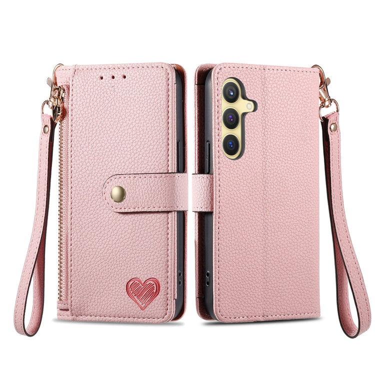 For Samsung Galaxy S25 5G Love Zipper Lanyard Leather Phone Case(Pink) - Galaxy S25 5G Cases by PMC TechLife | Online Shopping South Africa | PMC TechLife | Buy Now Pay Later Mobicred