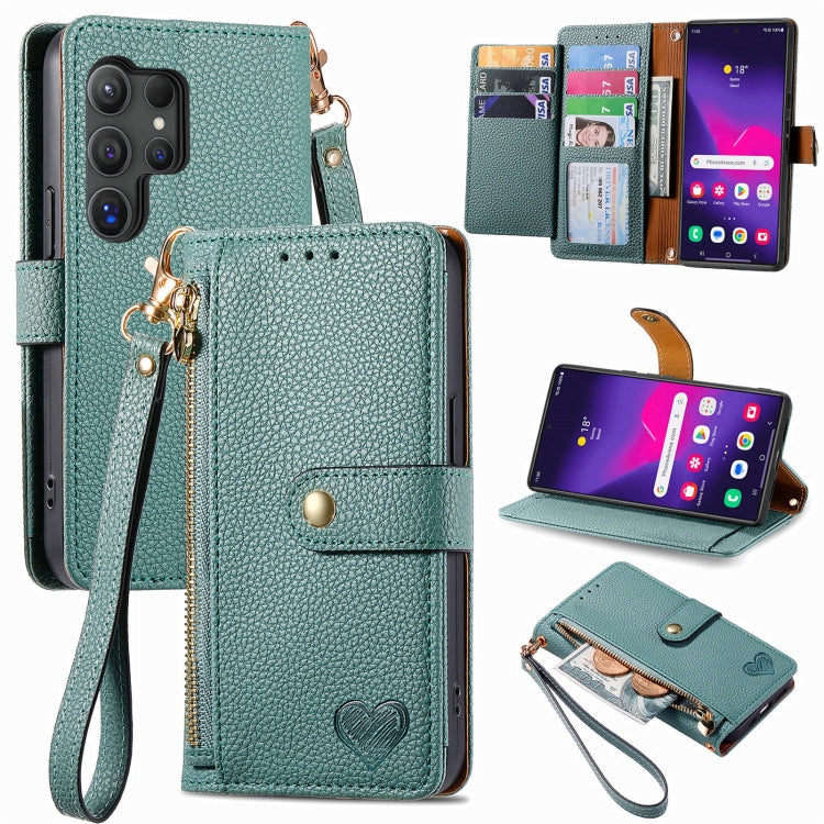 For Samsung Galaxy S25 Ultra 5G Love Zipper Lanyard Leather Phone Case(Green) - Galaxy S25 Ultra 5G Cases by PMC TechLife | Online Shopping South Africa | PMC TechLife | Buy Now Pay Later Mobicred