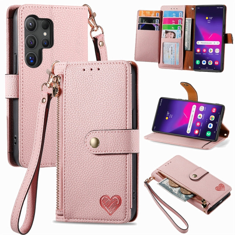 For Samsung Galaxy S25 Ultra 5G Love Zipper Lanyard Leather Phone Case(Pink) - Galaxy S25 Ultra 5G Cases by PMC TechLife | Online Shopping South Africa | PMC TechLife | Buy Now Pay Later Mobicred
