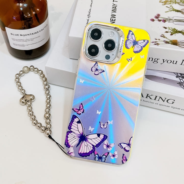 For iPhone 16 Pro Electroplating Laser Butterfly Phone Case with Wrist Strap(Purple Butterflies AB3) - iPhone 16 Pro Cases by PMC TechLife | Online Shopping South Africa | PMC TechLife | Buy Now Pay Later Mobicred
