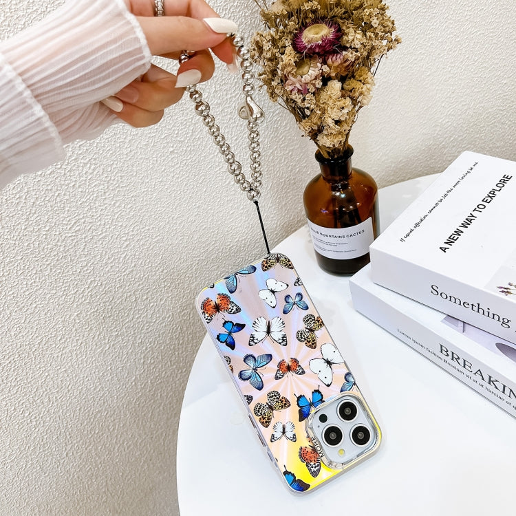 For iPhone 16 Electroplating Laser Butterfly Phone Case with Wrist Strap(Color Butterflies AB1) - iPhone 16 Cases by PMC TechLife | Online Shopping South Africa | PMC TechLife | Buy Now Pay Later Mobicred