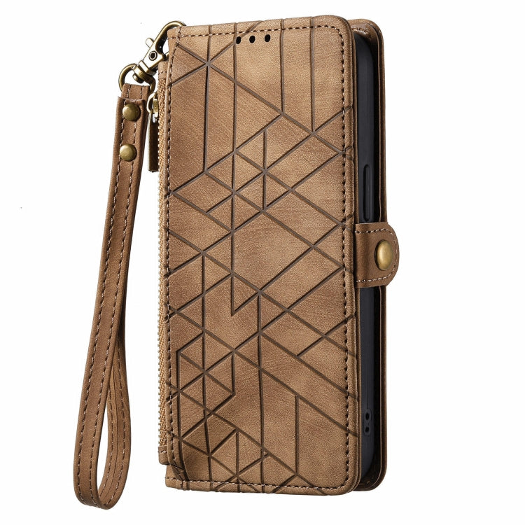 For Huawei Pura 70 Pro+ Geometric Zipper Wallet Side Buckle Leather Phone Case(Brown) - Huawei Cases by PMC Jewellery | Online Shopping South Africa | PMC Jewellery | Buy Now Pay Later Mobicred
