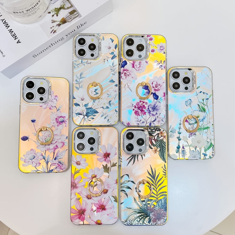 For iPhone 16 Plus Electroplating Laser Flower Ring Holder TPU Phone Case(Lavender AH14) - iPhone 16 Plus Cases by PMC TechLife | Online Shopping South Africa | PMC TechLife | Buy Now Pay Later Mobicred