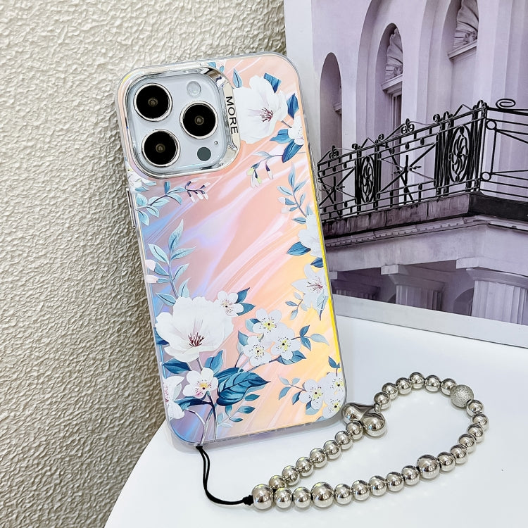 For iPhone 16 Pro Electroplating Laser Flower Phone Case with Wrist Strap(White Flower AH10) - iPhone 16 Pro Cases by PMC TechLife | Online Shopping South Africa | PMC TechLife | Buy Now Pay Later Mobicred