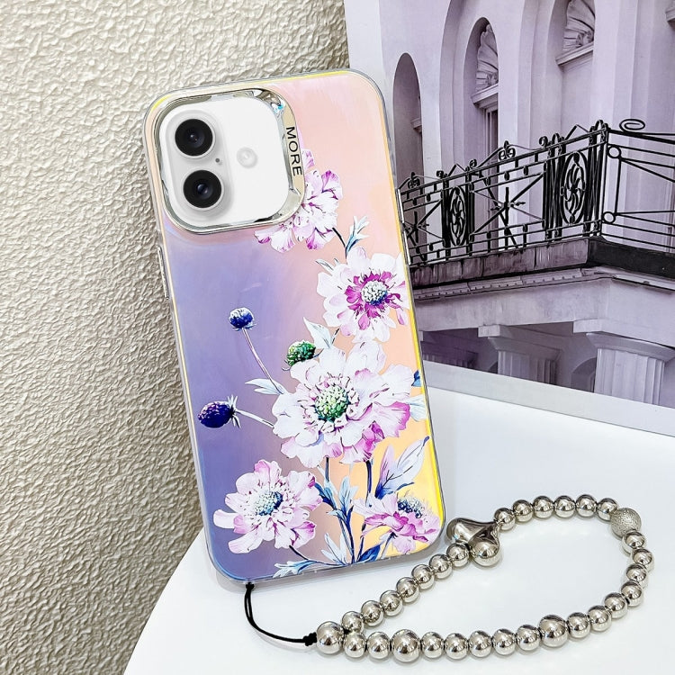 For iPhone 16 Plus Electroplating Laser Flower Phone Case with Wrist Strap(Zinnia AH9) - iPhone 16 Plus Cases by PMC TechLife | Online Shopping South Africa | PMC TechLife | Buy Now Pay Later Mobicred
