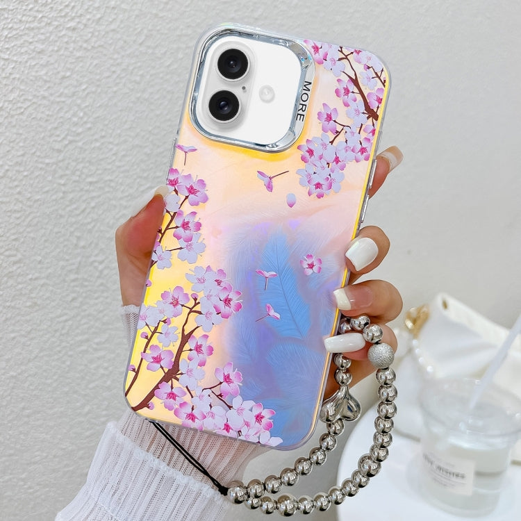 For iPhone 16 Electroplating Laser Flower Phone Case with Wrist Strap(Peach Blossom AH4) - iPhone 16 Cases by PMC TechLife | Online Shopping South Africa | PMC TechLife | Buy Now Pay Later Mobicred