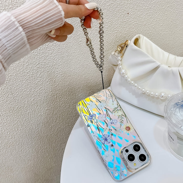 For iPhone 16 Electroplating Laser Flower Phone Case with Wrist Strap(Lavender AH14) - iPhone 16 Cases by PMC TechLife | Online Shopping South Africa | PMC TechLife | Buy Now Pay Later Mobicred