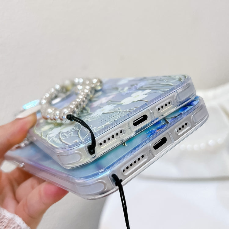 For iPhone 16 Electroplating Laser Flower Phone Case with Wrist Strap(Myosotis AH2) - iPhone 16 Cases by PMC TechLife | Online Shopping South Africa | PMC TechLife | Buy Now Pay Later Mobicred