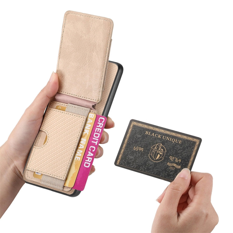 For Samsung Galaxy S25 Ultra 5G Carbon Fiber Vertical Flip Wallet Stand Phone Case(Khaki) - Galaxy S25 Ultra 5G Cases by PMC Jewellery | Online Shopping South Africa | PMC Jewellery | Buy Now Pay Later Mobicred