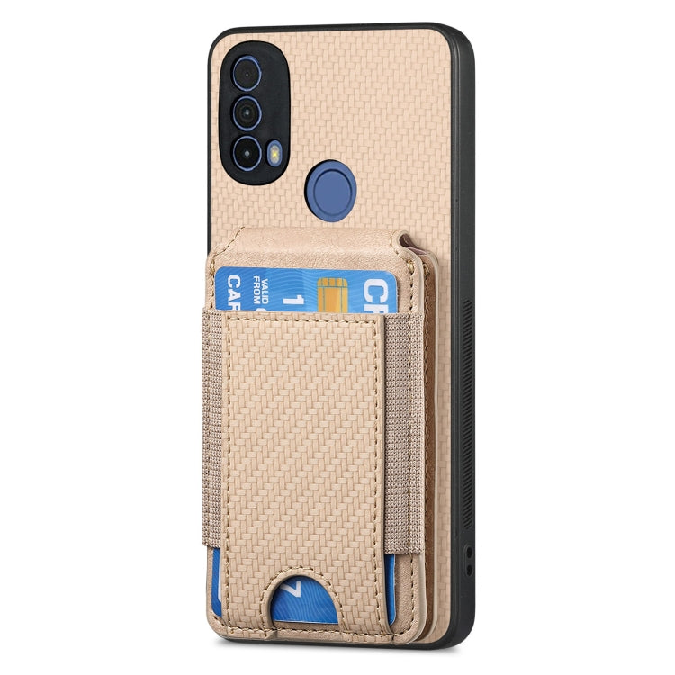 For Motorola Moto G Play 2024 4G Carbon Fiber Vertical Flip Wallet Stand Phone Case(Khaki) - Motorola Cases by PMC TechLife | Online Shopping South Africa | PMC TechLife | Buy Now Pay Later Mobicred