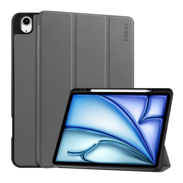 For iPad Air 13 2024 ENKAY Tri-fold Custer Texture TPU Leather Smart Tablet Case with Pen Slot(Grey) - iPad Air 13 2024 Cases by ENKAY | Online Shopping South Africa | PMC TechLife | Buy Now Pay Later Mobicred