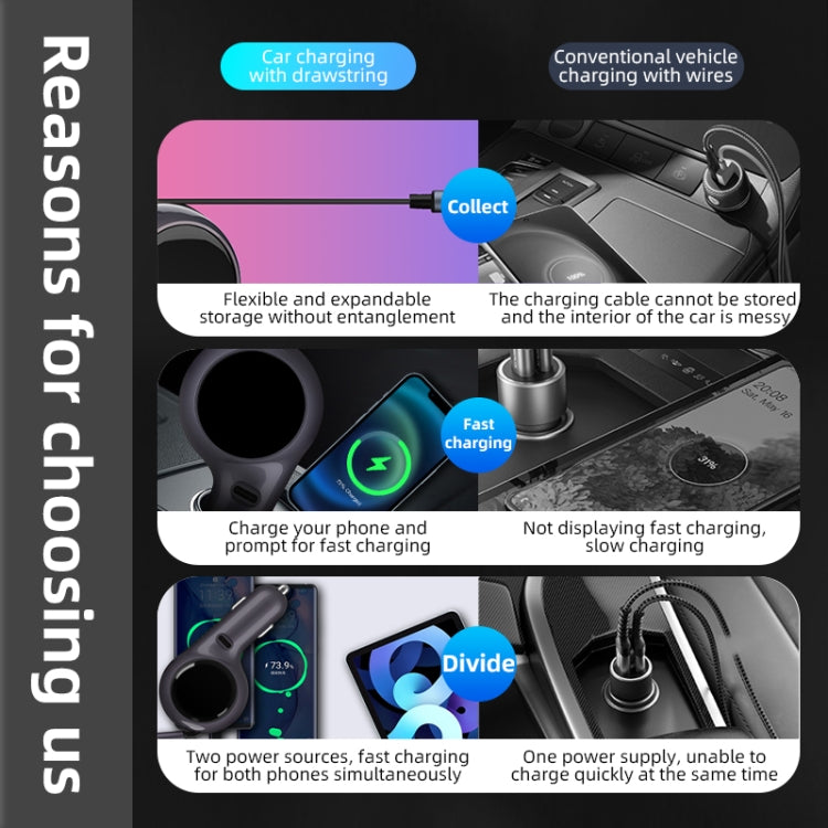 K2 With 60W Type-C Retractable Cable Type-C Port Phone Fast Charging Adapter Car Charger - Car Charger by PMC TechLife | Online Shopping South Africa | PMC TechLife | Buy Now Pay Later Mobicred