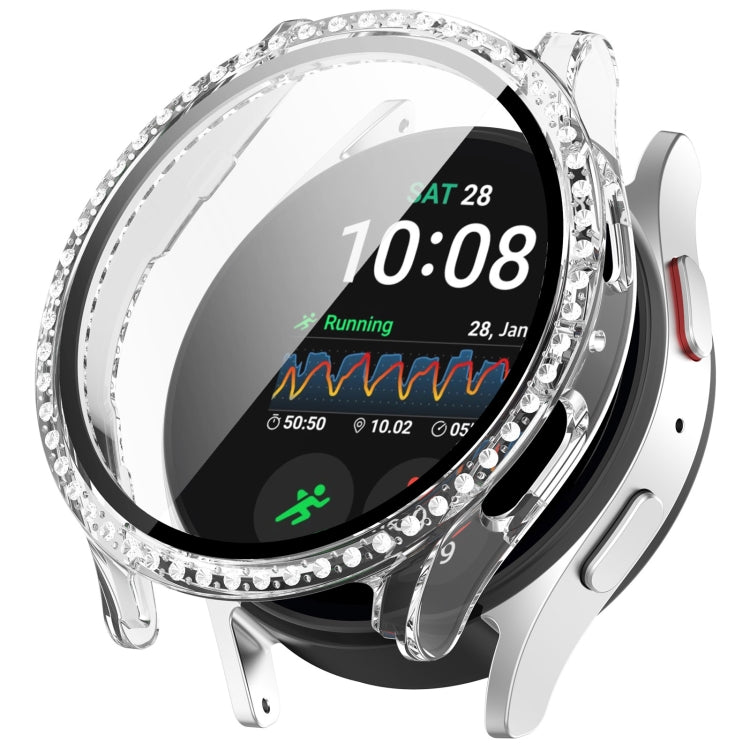 For Samsung Galaxy Watch 7 44mm Single Row Diamond PC + Tempered Film Integrated Watch Protective Case(Transparent White) - Watch Cases by PMC TechLife | Online Shopping South Africa | PMC TechLife | Buy Now Pay Later Mobicred