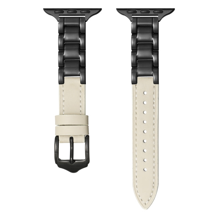 For Apple Watch Ultra 2 49mm Ceramic Color Buckle Contrast Leather Watch Band(Beige+Black+Black Buckle) - Watch Bands by PMC TechLife | Online Shopping South Africa | PMC TechLife | Buy Now Pay Later Mobicred
