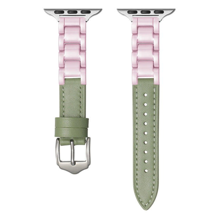 For Apple Watch Series 9 45mm Ceramic Color Buckle Contrast Leather Watch Band(Mint Green+Pink+Silver Buckle) - Watch Bands by PMC TechLife | Online Shopping South Africa | PMC TechLife | Buy Now Pay Later Mobicred