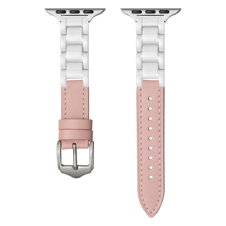 For Apple Watch Series 7 45mm Ceramic Color Buckle Contrast Leather Watch Band(Light Pink+White+Silver Buckle) - Watch Bands by PMC TechLife | Online Shopping South Africa | PMC TechLife | Buy Now Pay Later Mobicred