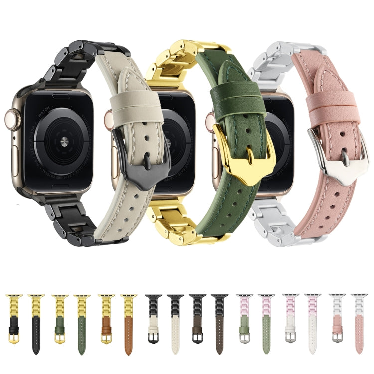 For Apple Watch Series 5 44mm Ceramic Color Buckle Contrast Leather Watch Band(Black+Gold+Gold Buckle) - free shipping - PMC TechLife - Order now!