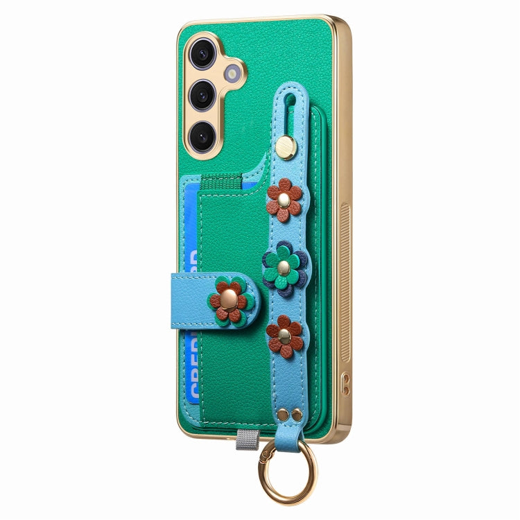 For Samsung Galaxy S24+ 5G Stereoscopic Flowers Wristband Card Bag Phone Case(Green) - Galaxy S24+ 5G Cases by PMC Jewellery | Online Shopping South Africa | PMC Jewellery | Buy Now Pay Later Mobicred
