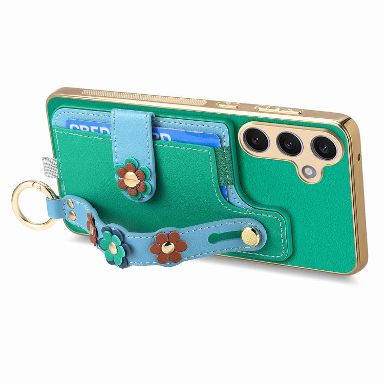 For Samsung Galaxy S24+ 5G Stereoscopic Flowers Wristband Card Bag Phone Case(Green) - Galaxy S24+ 5G Cases by PMC Jewellery | Online Shopping South Africa | PMC Jewellery | Buy Now Pay Later Mobicred