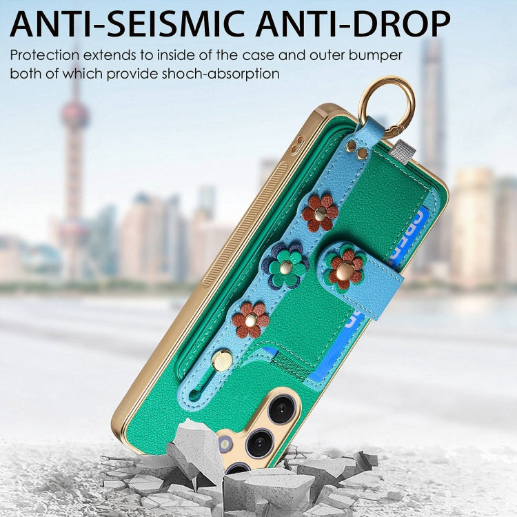 For Samsung Galaxy S24+ 5G Stereoscopic Flowers Wristband Card Bag Phone Case(Green) - Galaxy S24+ 5G Cases by PMC Jewellery | Online Shopping South Africa | PMC Jewellery | Buy Now Pay Later Mobicred