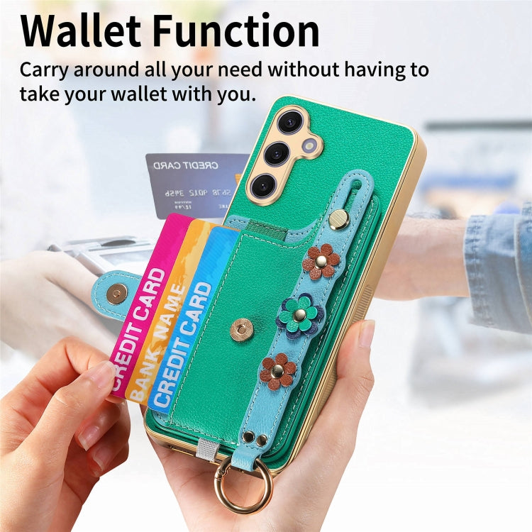 For Samsung Galaxy S24+ 5G Stereoscopic Flowers Wristband Card Bag Phone Case(Green) - Galaxy S24+ 5G Cases by PMC Jewellery | Online Shopping South Africa | PMC Jewellery | Buy Now Pay Later Mobicred