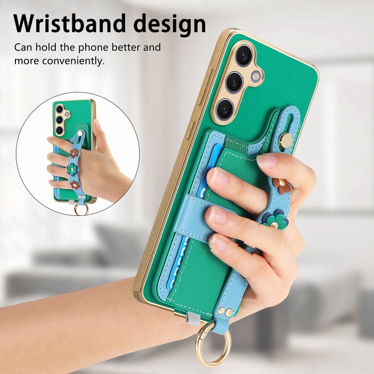 For Samsung Galaxy S24+ 5G Stereoscopic Flowers Wristband Card Bag Phone Case(Green) - Galaxy S24+ 5G Cases by PMC Jewellery | Online Shopping South Africa | PMC Jewellery | Buy Now Pay Later Mobicred