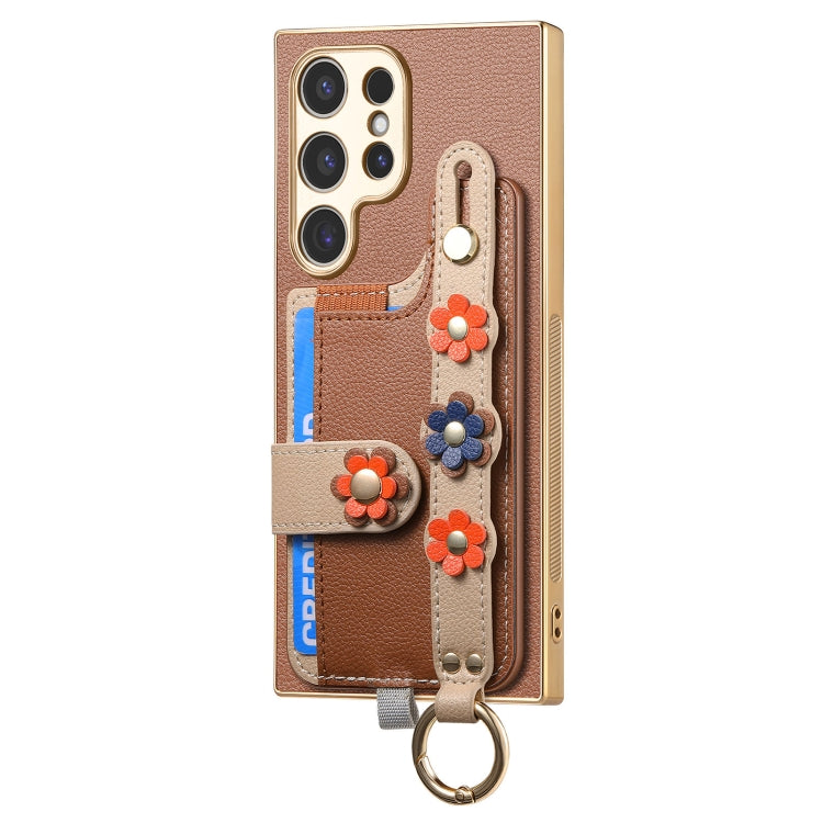 For Samsung Galaxy S24 Ultra 5G Stereoscopic Flowers Wristband Card Bag Phone Case(Brown) - Galaxy Phone Cases by PMC Jewellery | Online Shopping South Africa | PMC Jewellery | Buy Now Pay Later Mobicred