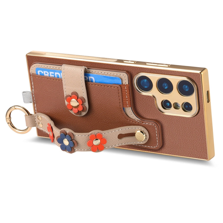 For Samsung Galaxy S24 Ultra 5G Stereoscopic Flowers Wristband Card Bag Phone Case(Brown) - Galaxy Phone Cases by PMC Jewellery | Online Shopping South Africa | PMC Jewellery | Buy Now Pay Later Mobicred
